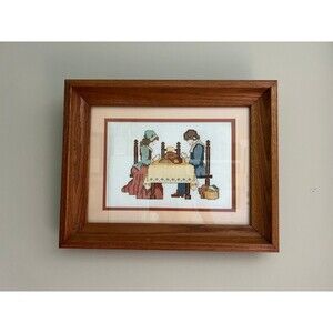 1970s VTG Fall Pilgrim Thanksgiving Cross Stitch Needlepoint Framed Art Piece